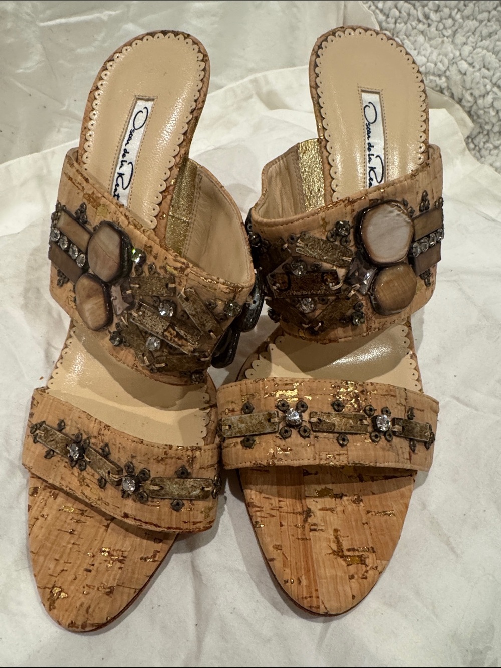 Oscar de la Renta Gold and Natural Cork Jeweled Slide Sandals